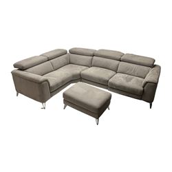Contemporary four seat corner sofa, adjustable head rests and reclining function, upholstered in grey suede fabric, on chrome feet, together with matching pouffe