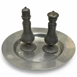 Collection of early 19th century and later British pewter, mostly London label marks, including two large pewter chargers, medicine spoon, flasks, plates and other tableware