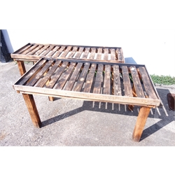  Two wooden slatted garden potting tables, L187cm & 156cm, (2)  