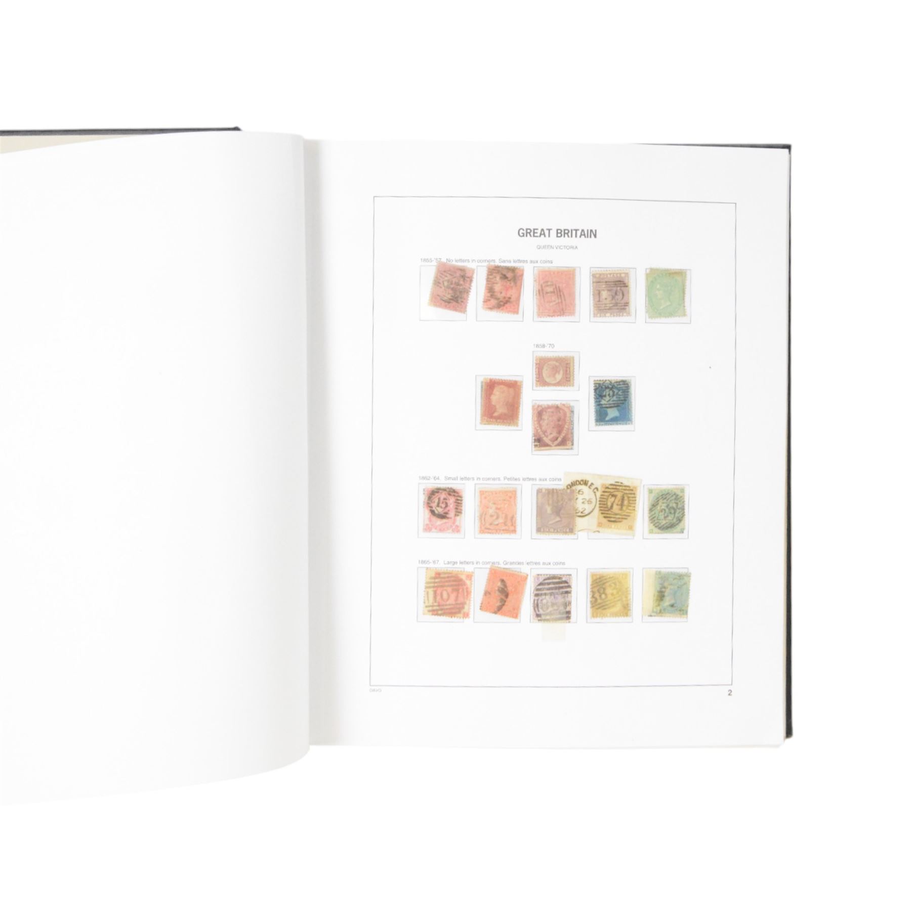 Extensive single album collection of Great British Queen Victoria and later stamps, including QV penny black with three margins, 1840 two pence blue, perf two pence blues with white lines added, QV one pound brown lilac, QV one pound green, King George V seahorses, 1929 Postal Union Congress one pound black, King George VI 1939-48 set of six with ten shillings dark blue, Queen Elizabeth II pre-decimal issues, housed in a Stanley Gibbons Great Britain 2001 album, a well presented collection with few ommissions