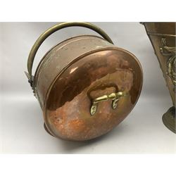 Victorian Benham & Froud Arts and Crafts brass coal scuttle, with Victorian diamond registration mark, together with a copper and brass scuttle of helmet form, tallest H50cm