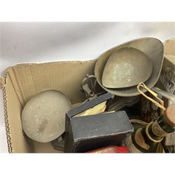 Clear glass demijohn / carboy, four wine bottles with wicker baskets, W T Avery & Co scales, Singer sewing machine, quantity of costume jewellery, trophy stand with silver-plate shields, quantity of vinyl records, stamps etc