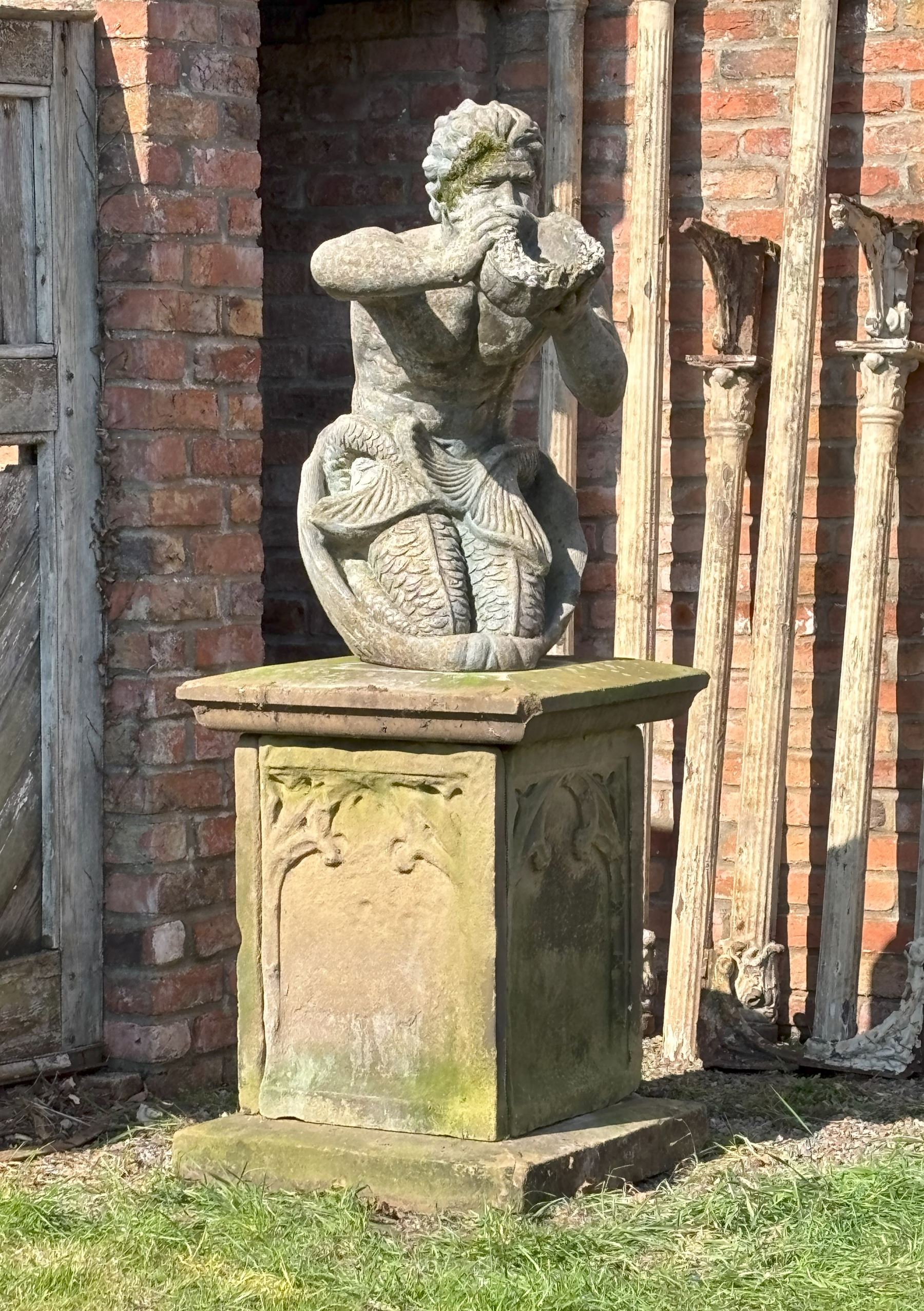 Reconstituted stone garden statue water fountain modelled as Triton, mid 20th century, in characteristic pose. H85cm - COLLECTION BY APPOINTMENT FROM: The White House, Thirsk Road, Easingwold, York, YO61 3NF - CALL 01723 507111 TO ARRANGE