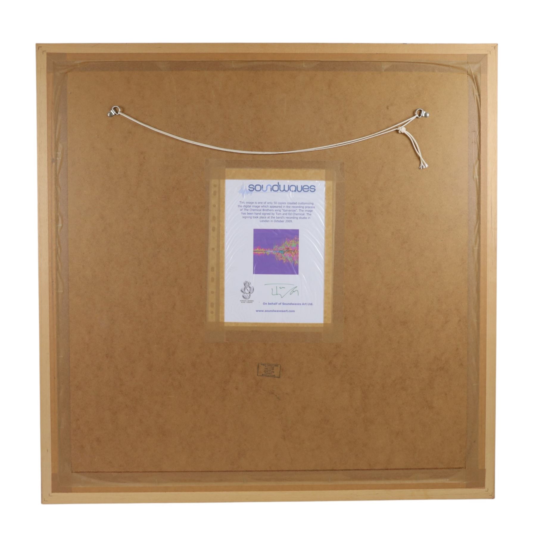 Limited edition Soundwaves Artwork print created from the audio of The Chemical Brothers song 'Galvanize', signed by Tom and Ed Chemical at the band's recording studio in London 2009, within white wooden frame, frame H88cm