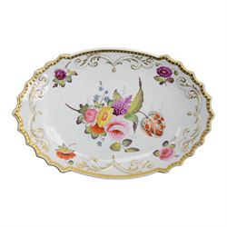 19th century porcelain dessert plate, of unusual shaped oval form, attributed to William Billingsley and painted with floral spray and sprigs, against a moulded scroll and beaded surround and edge, heightened with gilt, W25cm