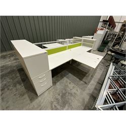 Modular two desk office system - comprising two desks, two returns, two filing drawer cabinets and one screen. Desk dimensions W160cm, D80cm, H73cm, pedestal dimensions W42cm, D80cm, H120cm - THIS LOT IS TO BE COLLECTED BY APPOINTMENT FROM DUGGLEBY STORAGE, GREAT HILL, EASTFIELD, SCARBOROUGH, YO11 3TX