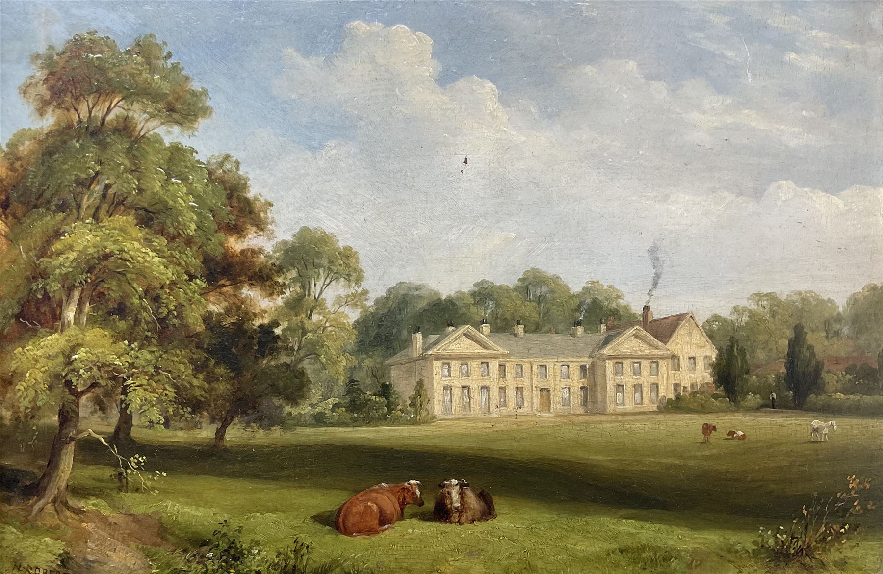 JL Roberts (British 19th century): ‘The Old Hall - Anlaby East Yorkshire, oil on panel signed, titled and dated 1830 verso 19cm x 29cm