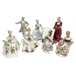 Three Royal Doulton figures, comprising Mistletoe and Wine, with original certificate, Country Rose HN3221, Diana HN2468, together with two Royal Dux figures and two other (7) 