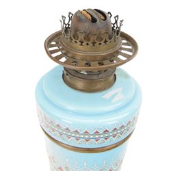 Victorian blue milk glass oil lamp by James Hinks & Son, with enamelled stipple decoration, H43cm