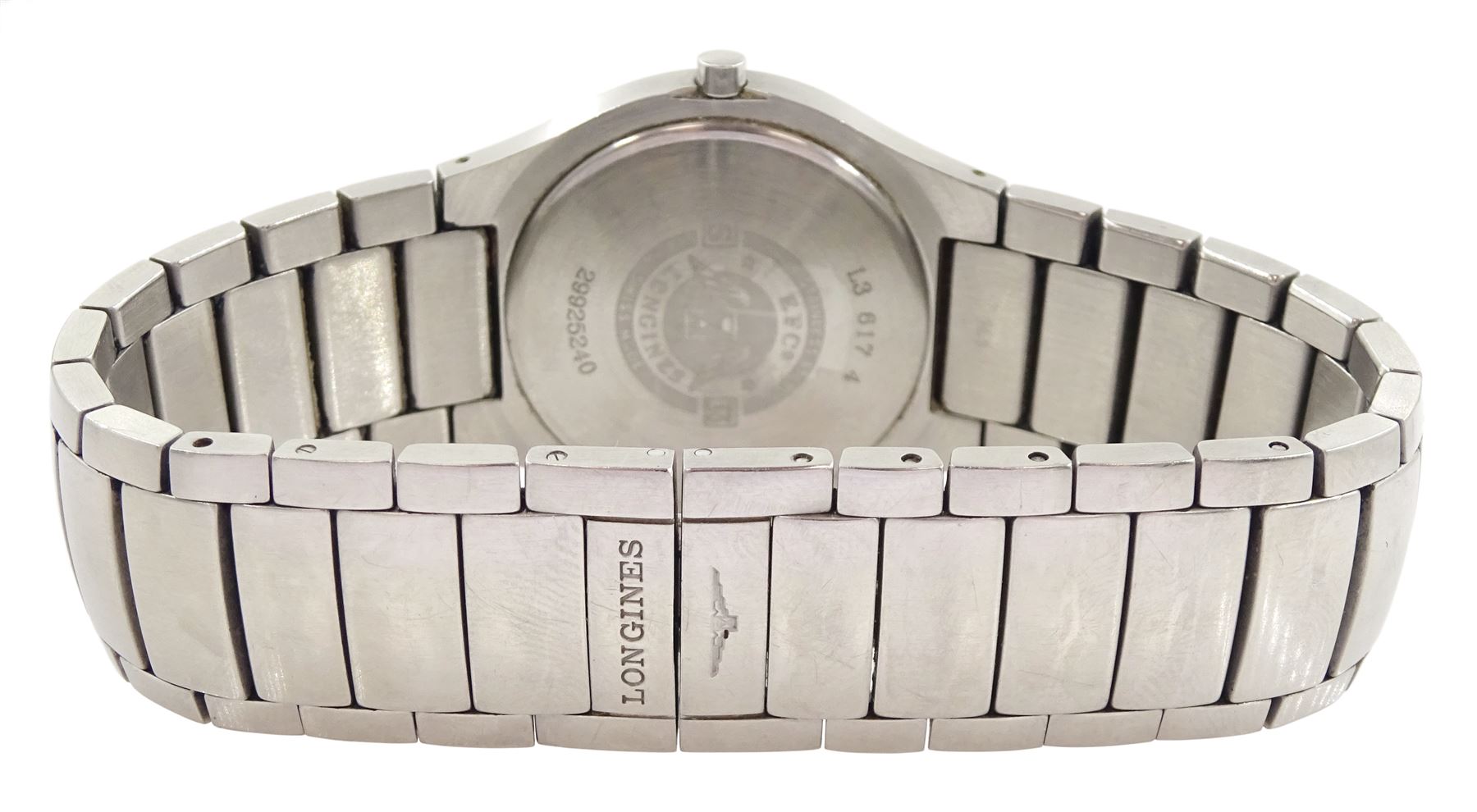 Longines Oposition gentleman's stainless steel quartz wristwatch, Ref. L3 617 4, on integral stainless steel bracelet