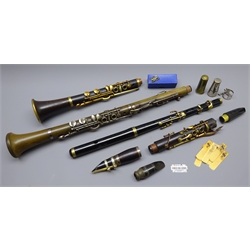  Military brass mounted ebonised five-key fife by Miller, Browne & Co London with impressed maker's name, broad arrow, 1962, A1/A (arrow), 0934 L49cm, Boosey & Hawkes clarinet with associated end piece, No.31037, and another part clarinet, mouthpieces etc, all uncased  