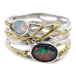 Silver and 14ct gold wire opal ring, stamped 925