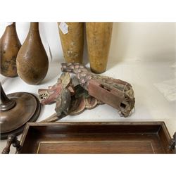 Taxidermy armadillo basket, mahogany clock case, burr walnut box, wooden exercise pins, satinwood pen tray with turned handles and a collection of other wooden collectables