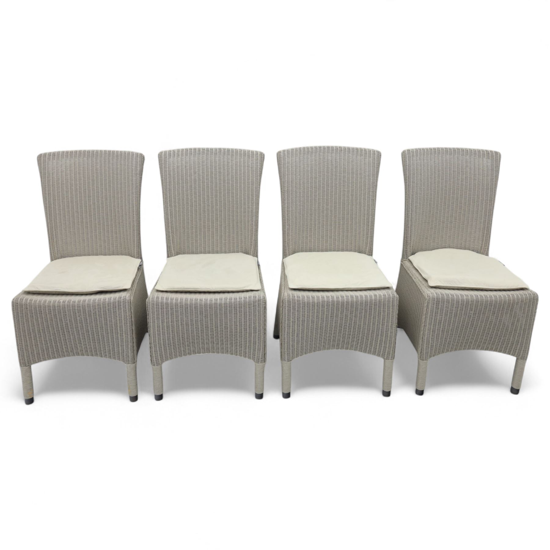 Neptune – Sheldrake limed oak extendable dining table and eight Havan loom chairs, the oval top in limed oak finish with four additional leaves extending the table to seat up to ten (Extends to cm), raised on turned legs with two additional centre supports, the matching Havan loom chairs finished in grey with cream upholstered seat covers (H 95cm, W 47cm, D 55cm)