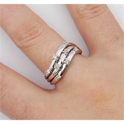 9ct white gold three row eight stone diamond ring, hallmarked