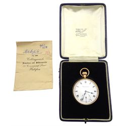 Early 20th century 9ct gold open face Swiss lever presentation pocket watch, retailed by W. Batty & Sons Ltd the inner dust cover engraved, case by Eclipse Watch Company, Birmingham 1925, in original velvet and silk lined case