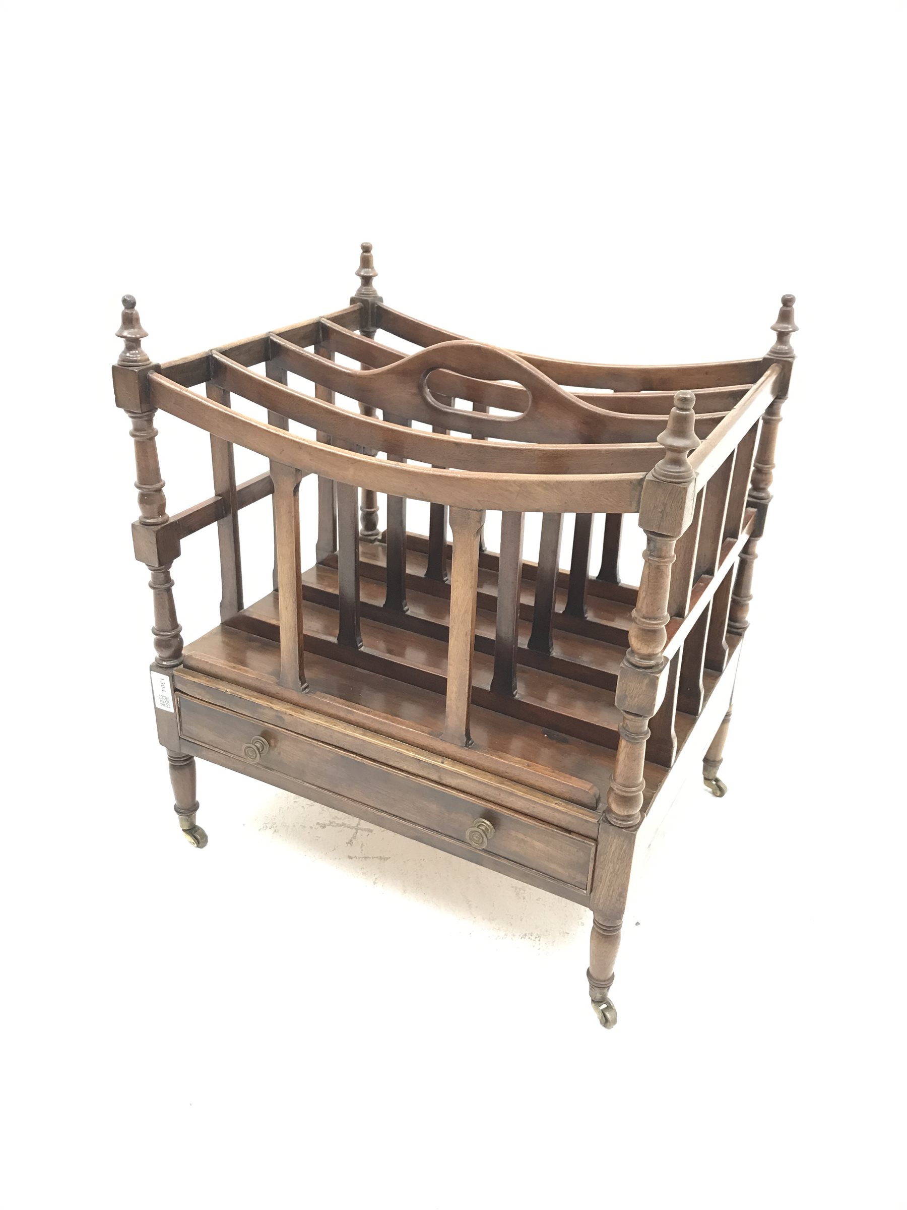 Reproduction mahogany Canterbury magazine rack, four divisions, with single drawer, W46cm, H53cm, D37cm