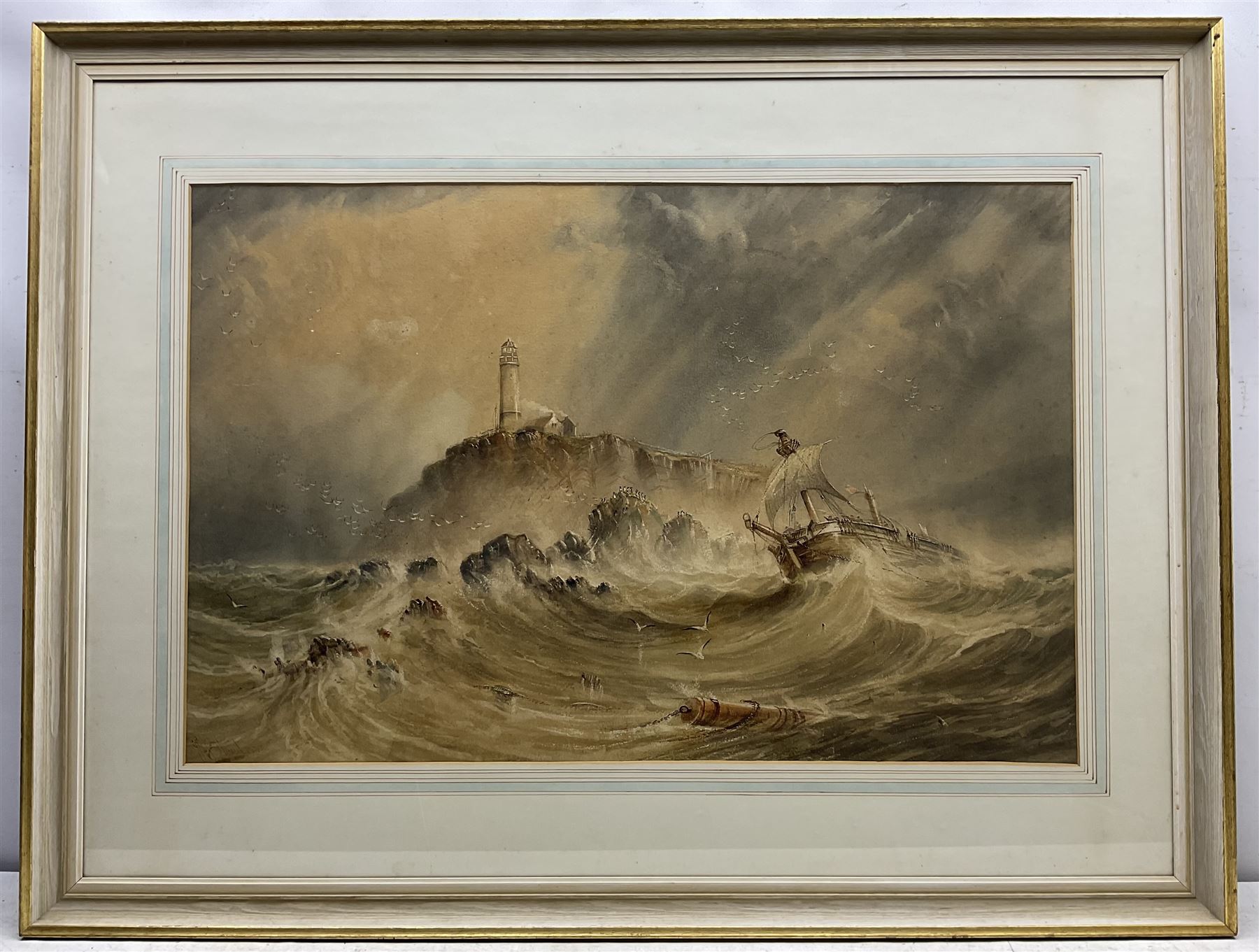 John Francis Bland (British 1857-1899): Ship in Distress off Flamborough Lighthouse, watercolour signed and dated 1881, 58cm x 88cm
Notes: Bland was born at Cloughton near Scarborough, by the age of 24 he was describing himself in the 1881 census as an artist, living with his parents in North Marine Road. He died of a stroke in 1899. This is probably the largest and most important work to have been sold at auction, showing the influence of Henry Barlow Carter (1804-1868)