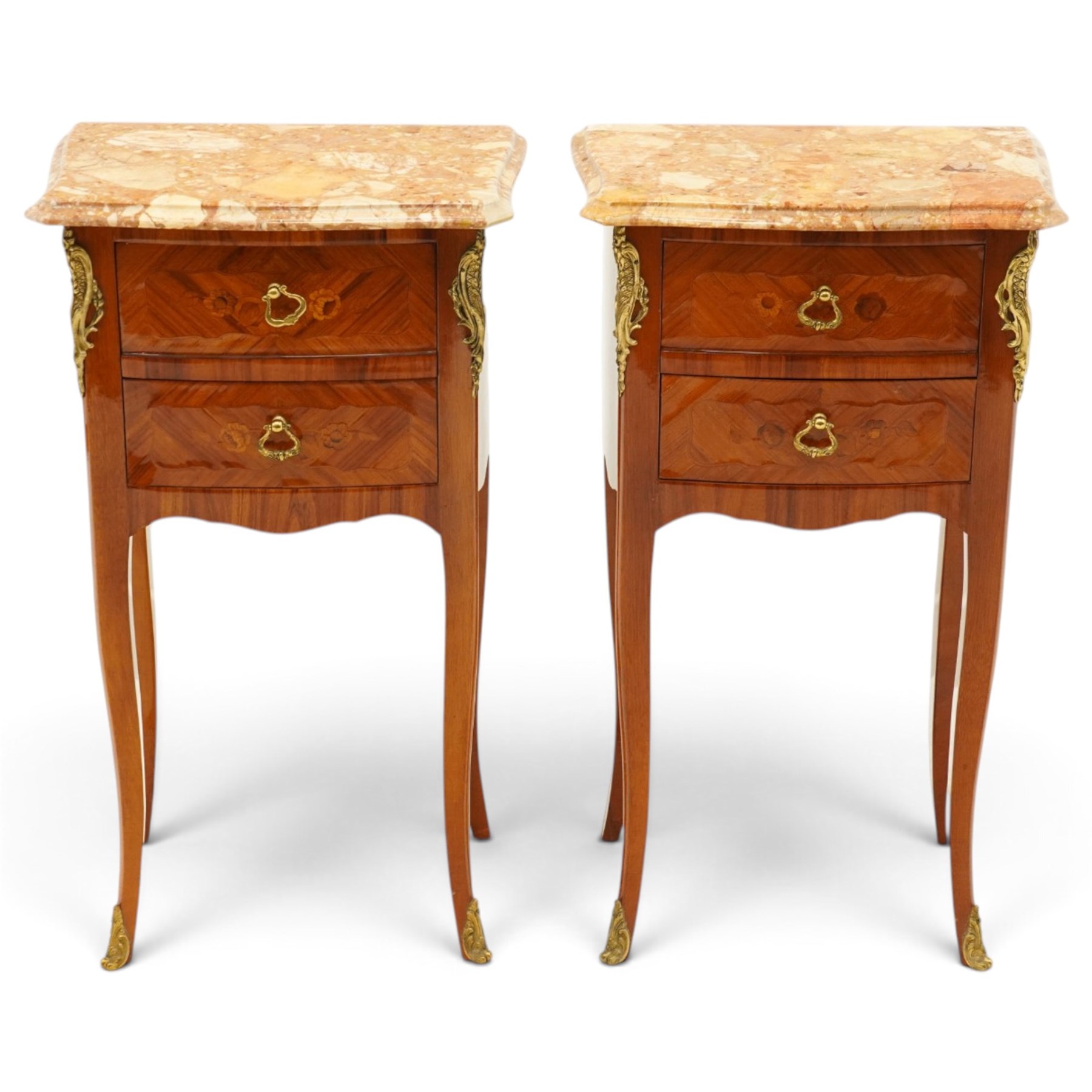 Pair of French inlaid kingwood marquetry bedsides, the shaped marble top over two drawers flanked by gilt metal rocaille mounts, raised on tapering cabriole supports