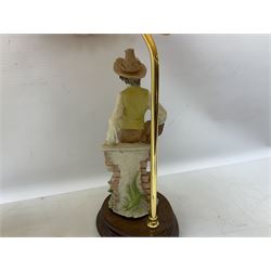 A Belcari figural table lamp, modelled as a young gent leaning upon brick wall, on turned wood base, signed, H70cm incl shade, together with bronzed figural table lamp of a lady with parasol upon ornate circular plinth base, two ceramic table lamps and another lamp (5)