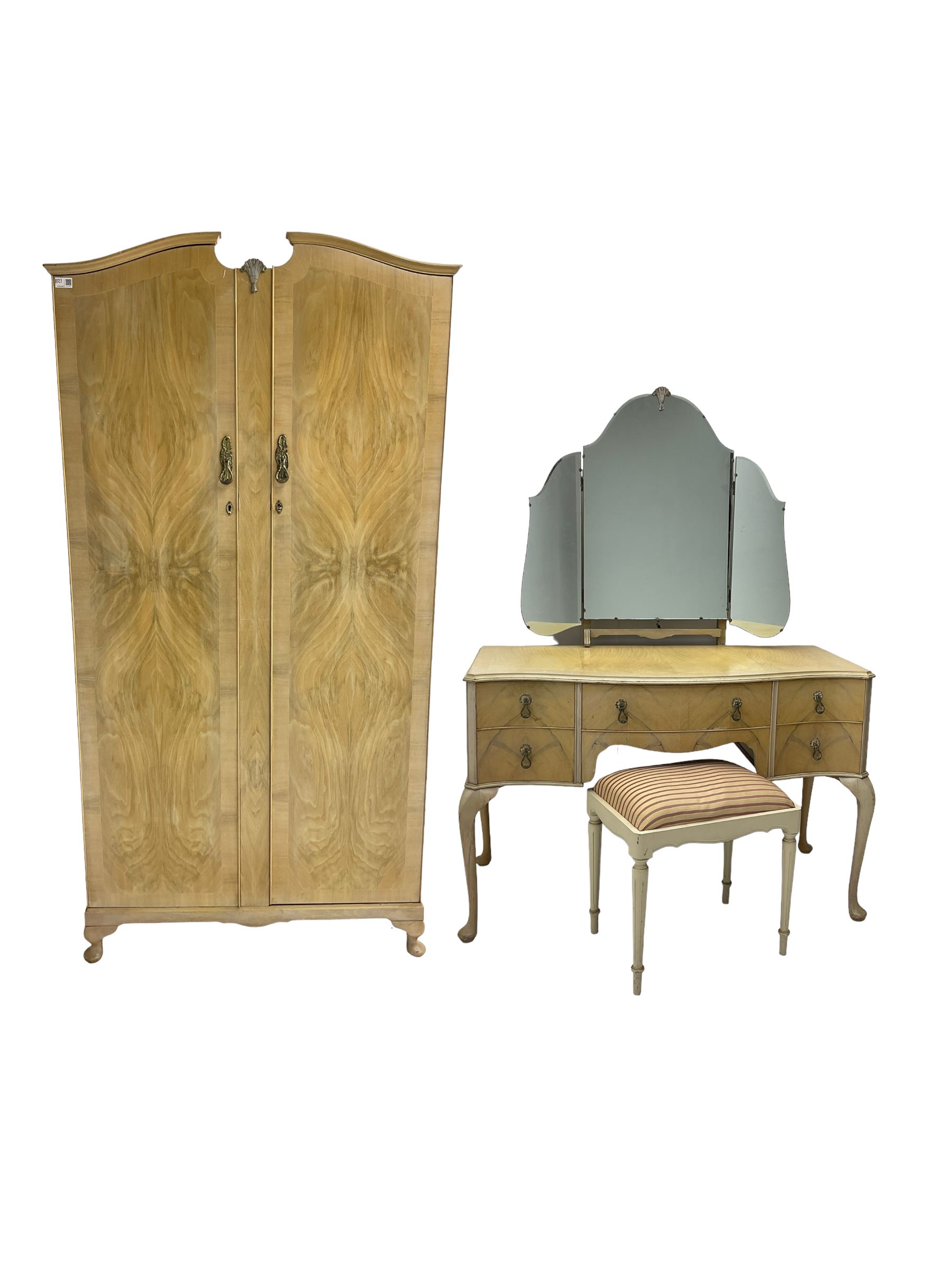 F Wrighton & Sons Ltd -  French style painted serpentine dressing table, with triple mirror back, on cabriole supports (106cm x 55cm x 135cm), and F Wrighton & Sons Ltd - French style narrow double wardrobe (92cm x 54cm x 187cm)