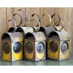 Group of eight rail work paraffin lamps, tallest H49cm. 