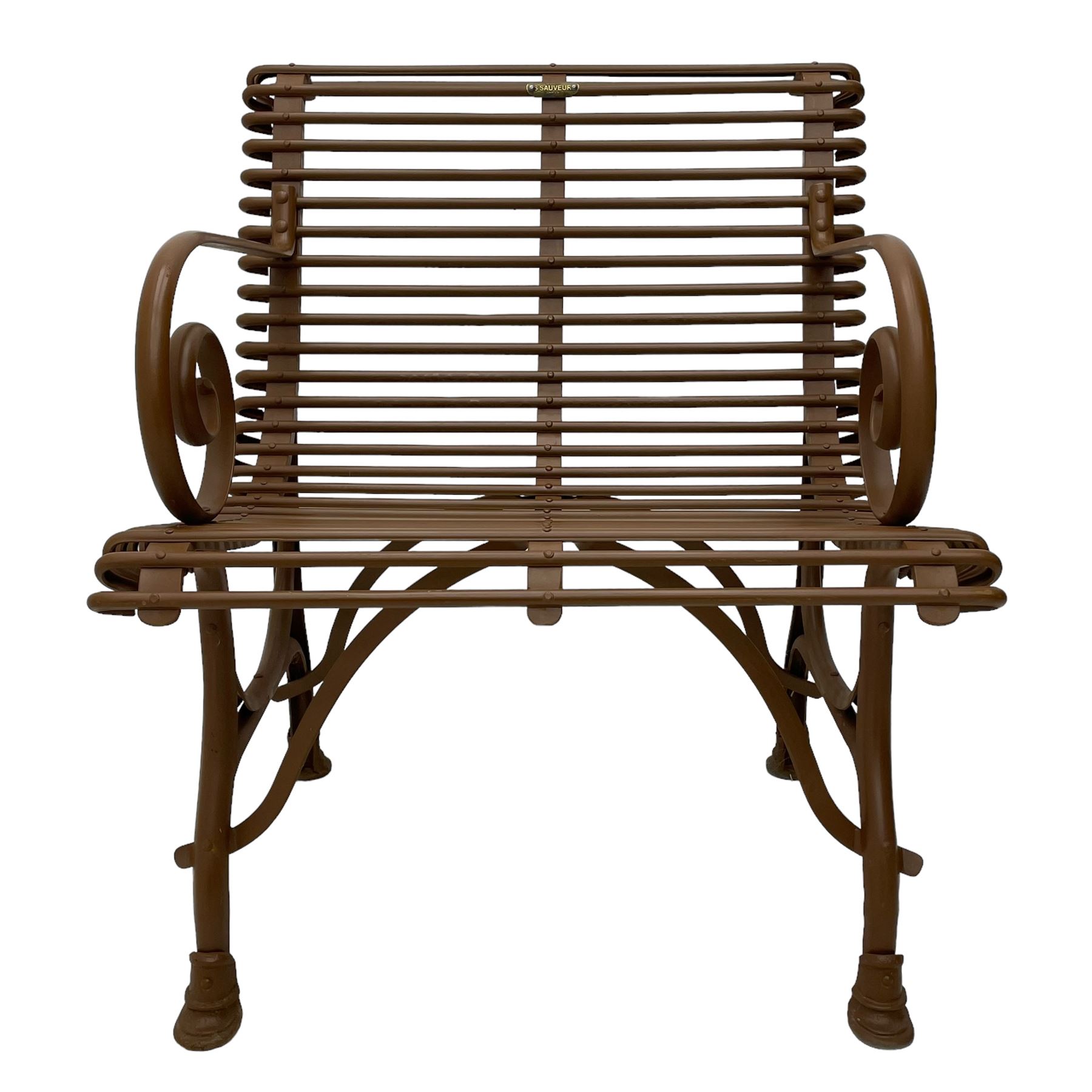 Painted wrought metal 'Arras' chair, curved frame with horizontal rails and scrolled arms, on hoof feet, in russet brown paint finish, with brass plaque 'Usine, S. Sauveur, Arras' 