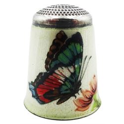 Modern silver and enamel thimble, decorated with two butterflies and a blossoming flower against an off white ground, hallmarked James Swann & Son, Birmingham, possibly 1980, 5.6 grams