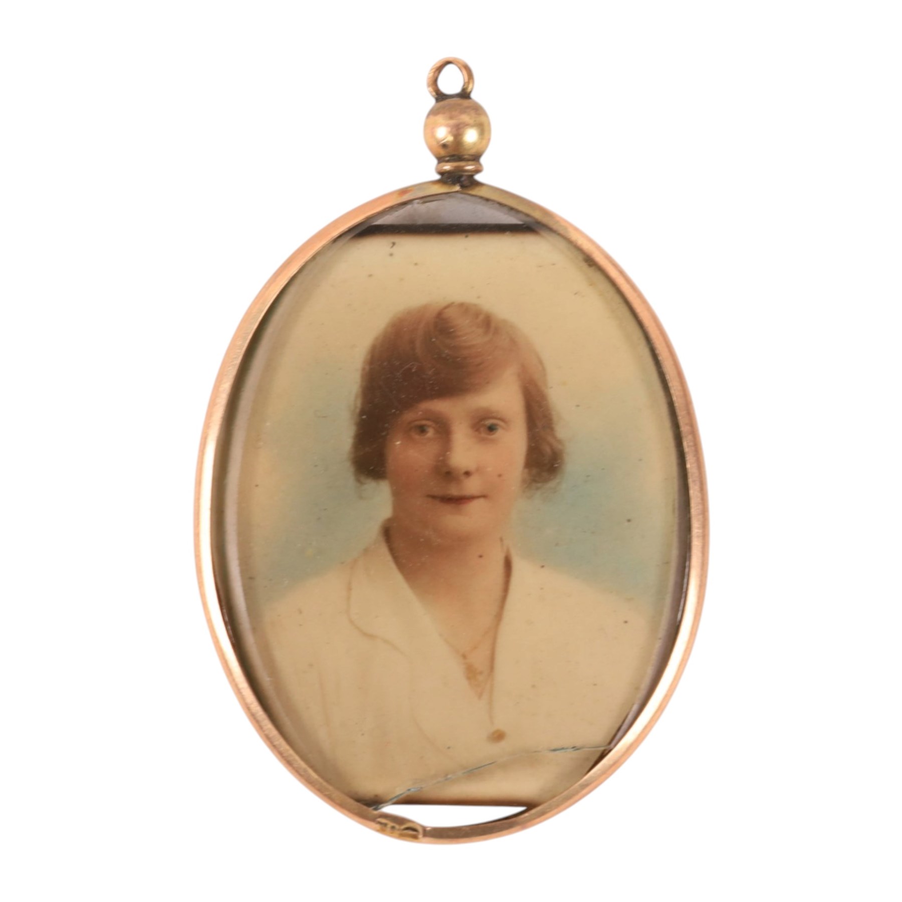 9ct gold photo pendant and three gold plated stick pins, including one stone set and one hairwork example