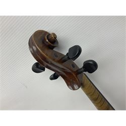 German trade violin in the Steiner style c1900 with 35.5cm two-piece maple back and ribs and spruce top L59cm overall; in fitted carrying case with two bows; and a Saxony violin with 35.5cm one-piece maple back and ribs and spruce top L58.5cm overall (2)