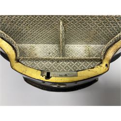 Victorian papier-mâché stationary box, of rounded wedge form with mother of pearl escutcheon, the hinged and curved cover and sides hand painted with floral sprays, opening to reveal a lined and fitted interior, H15cm L22cm D16cm