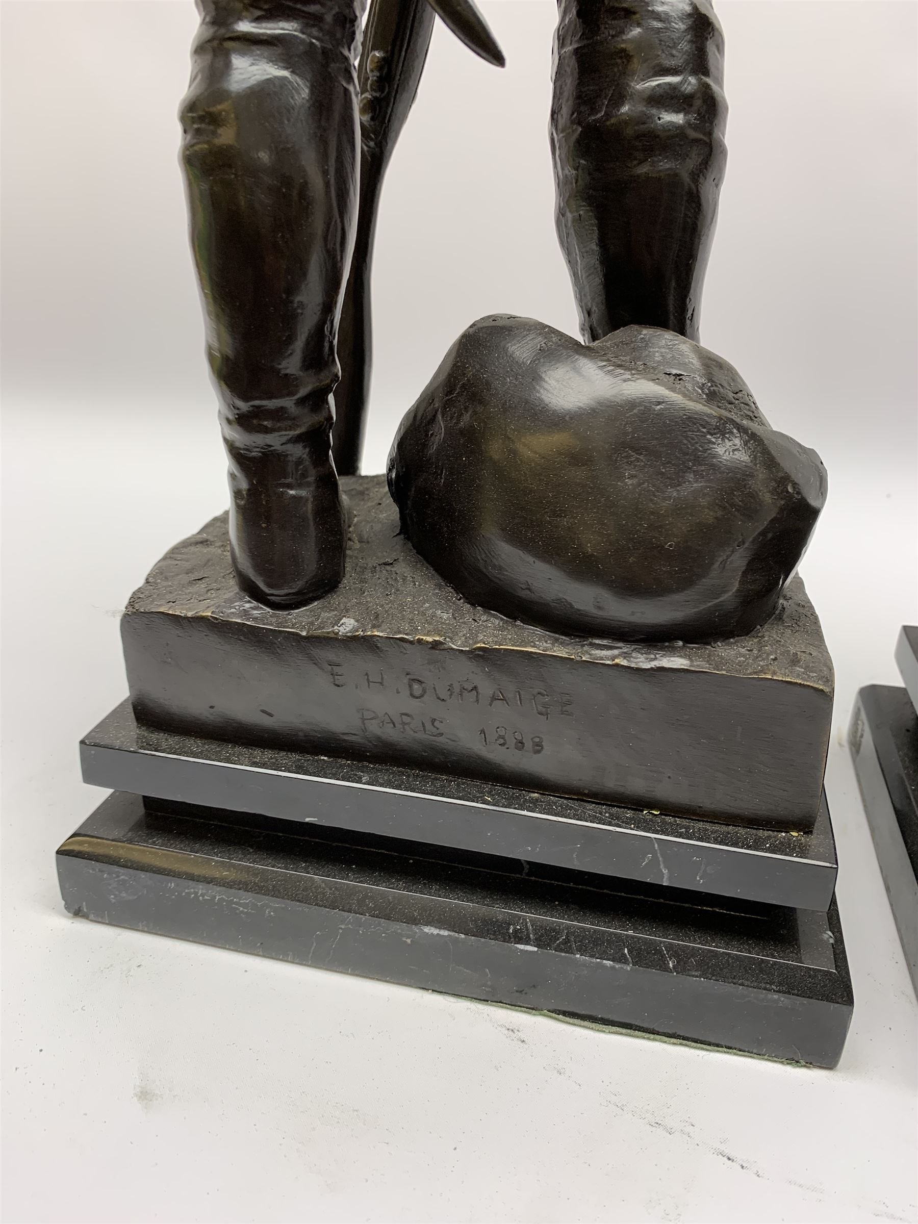 After Etienne-Henri Dumaige (1830-1888): 'Avant de Combat Volontaire de 1792' and 'Apres de Combat Grenaider de 1792', pair of large bronze figures modelled as French Revolutionary soldiers, each upon rectangular stepped black marble base, signed E H Dumaige, Paris 1888, tallest example H68.5cm