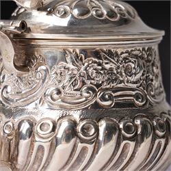 Victorian Scottish silver toddy ladle, the bowl inset with a Victorian shilling coin and with twisted whale bone handle Glasgow 1850 Maker Blaikley & Good, embossed silver drum mustard pot and and an oval mustard pot Sheffield 1902 (3)