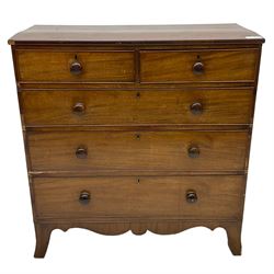 19th century mahogany straight-front chest, fitted with two short over three long cock-beaded graduating drawers, on splayed feet