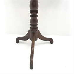 19th century mahogany tilt top table, single turned column on tripod base, W75cm, H71cm, D85cm