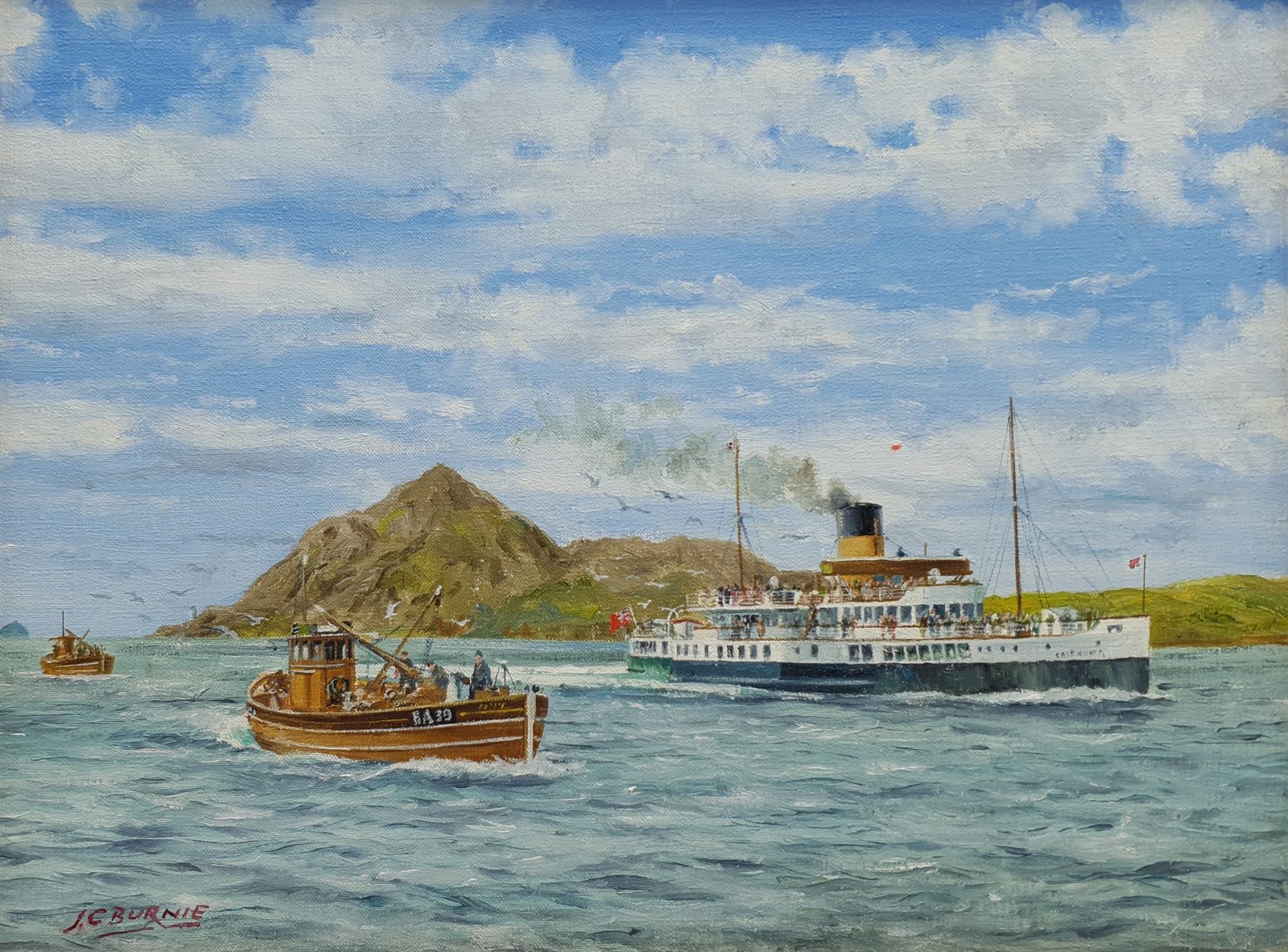 J C Burnie (British 20th century): Paddle Steamer Caledonia off Holy Isle, oil on canvas signed 29cm x 39cm