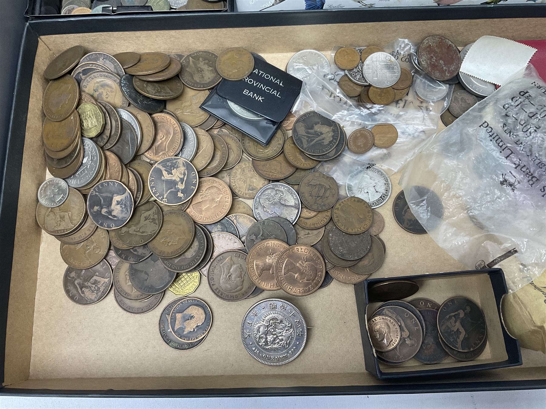 Great British and World coins and banknotes, including pre-decimal coinage, Britain's first decimal coins sets in blue folders, silver one yen coin converted into a brooch, commemorative crowns etc