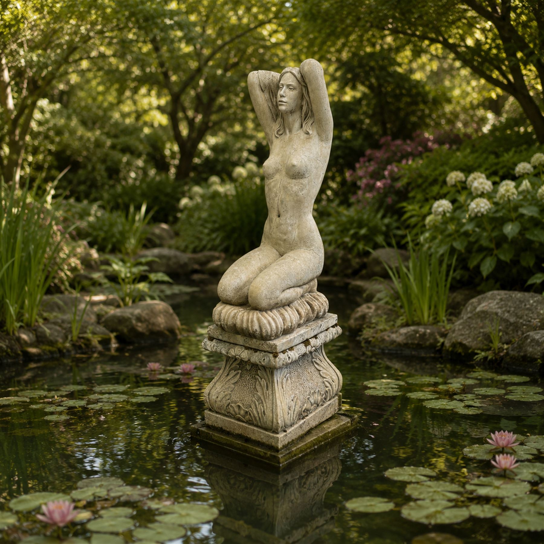 20th century composite stone garden figure, modelled as a kneeling nude female with arms raised behind her head, mounted on an integral cushion, the squared ogee pedestal moulded with acanthus leaves and flower heads, in a white painted and weathered finish