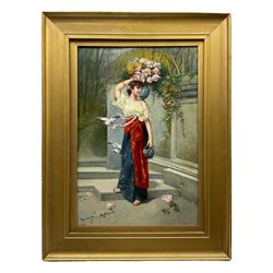 Maresca (Italian early/mid 20th century): Full Length Portrait of a Young Woman in Classical Dress Carrying Flowers and Amphora with two Doves, oil on canvas signed 36cm x 25cm