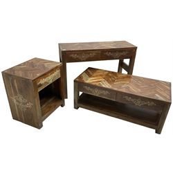 Joe Browns - hardwood lounge set; rectangular coffee table fitted with two drawers and under-tier (114cm x 50cm, H46cm); console table fitted with two drawers (W110cm, H76cm, D40cm); and a side table fitted with single drawer (W55cm, H66cm, D42cm)
