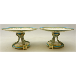  Pair late Victorian Minton tall tazza with gilt central motif, beaded swags and floral roundels within a gilt and turquoise border on a triform circular scroll base, c1870 pattern no. G154, H15cm x D27cm (2) Provenance Property of Bob Heath, Brandesburton Formerly of Ravenfield Hall Farm near Rotherham  