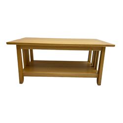Light oak coffee table, rectangular top with under-tier and slatted sides