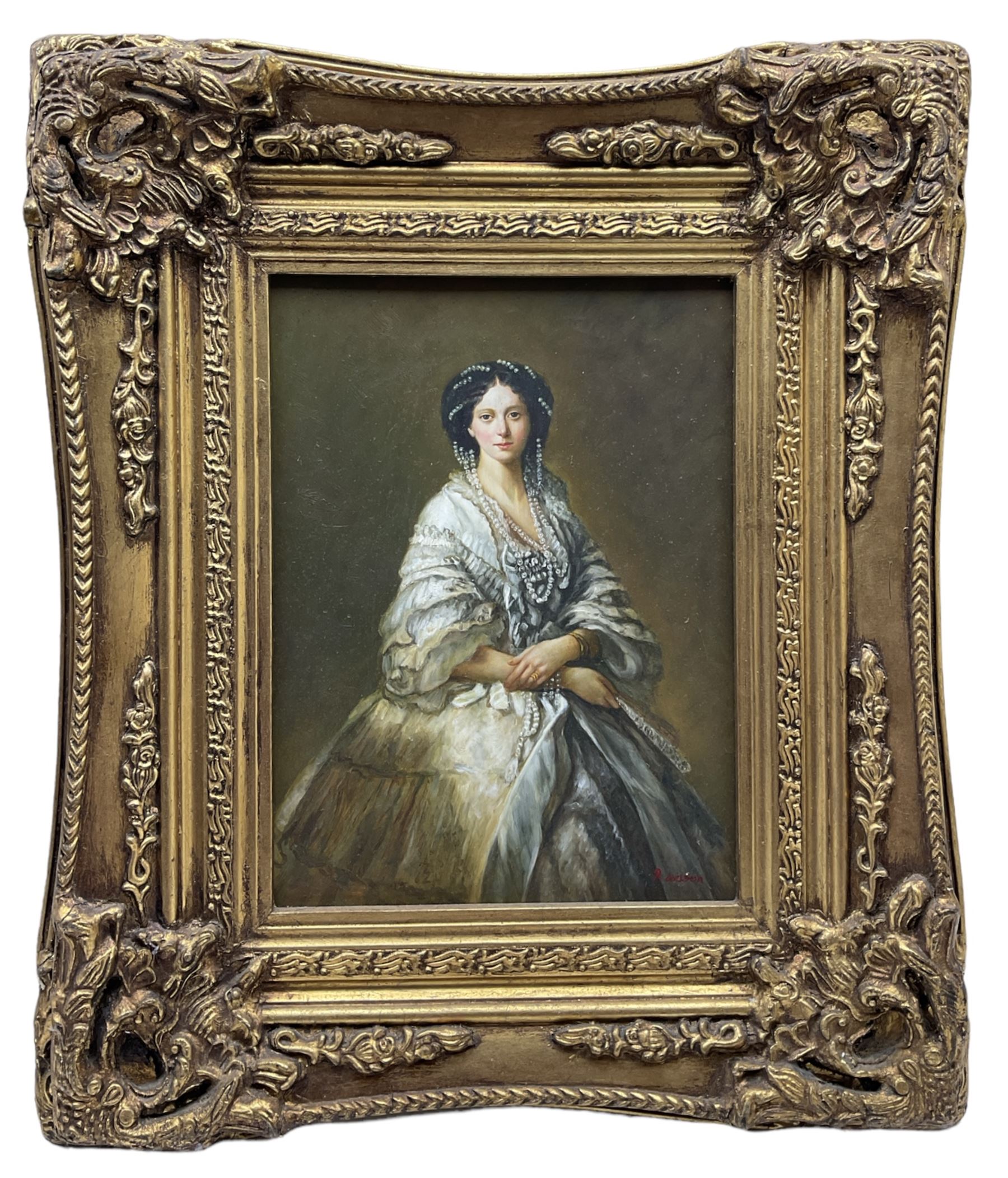 After Franz Xaver Winterhalter (German 1805-1873): Portrait of Empress Maria Alexandrovna née Princess Marie of Hessen und bei Rhein wife of Alexander II, 20th century oil on panel signed R Wilson 39cm x 29cm