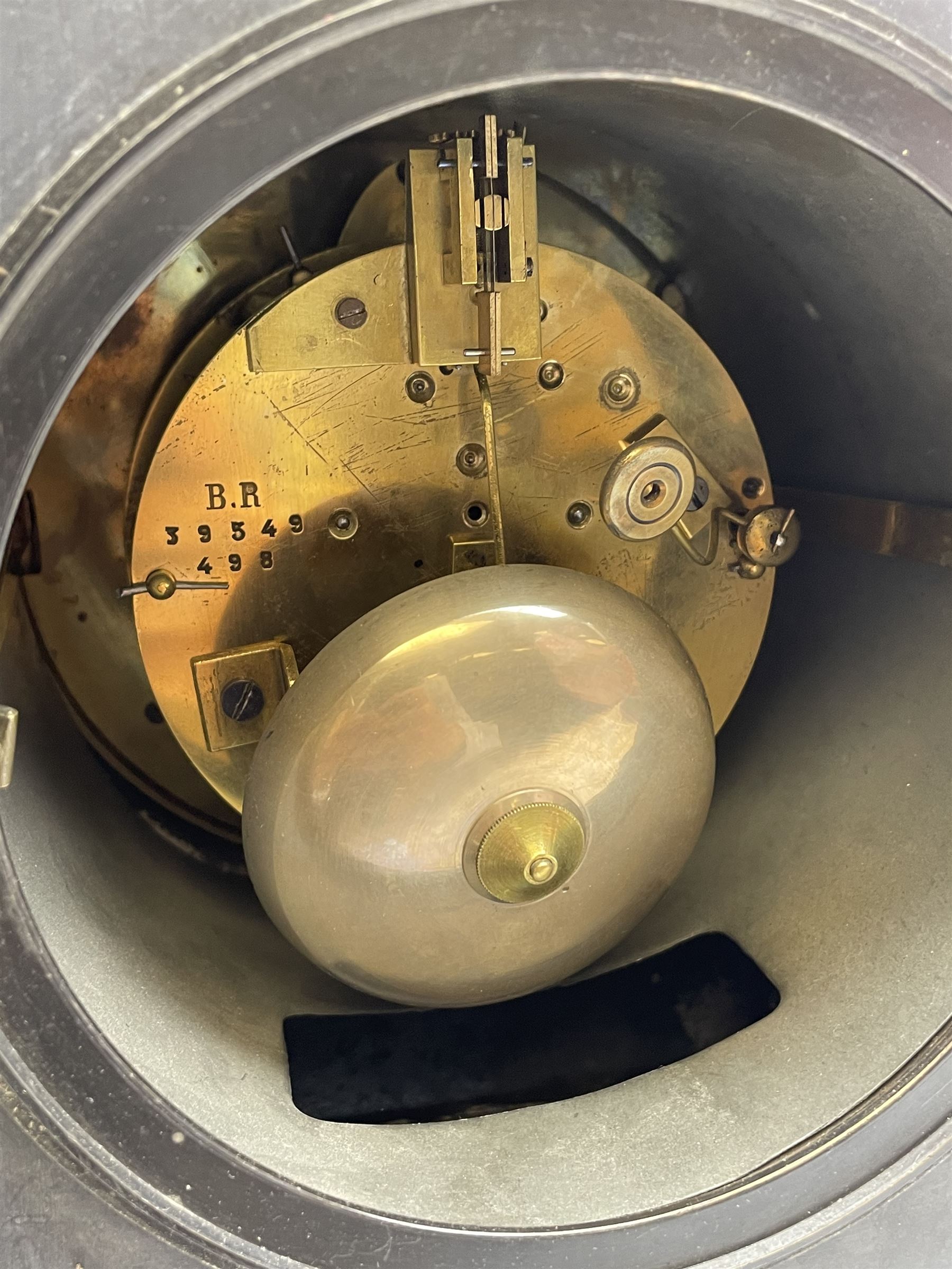 Victorian black slate cased mantel clock, with rouge marble, engraved and gilt decoration, circular dial with Roman chapter ring, twin train eight day movement with brocot escapement, striking the hours and halves on bell, the movement back plate stamped 'B.R 39549 498'