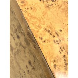 Pair Art Deco style figured maple bow front bedside cabinets, two drawers fitted with polished metal handles, W50cm, H54cm, D49cm