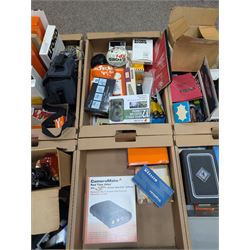 Large collection of photography equipment, including two video cameras JVC and a Panasonic 3CCD, tripods, filters, photograph paper, developing equipment, Dalite projector screen, etc, some boxed some empty boxes, and a Midgard Pocket Microscope