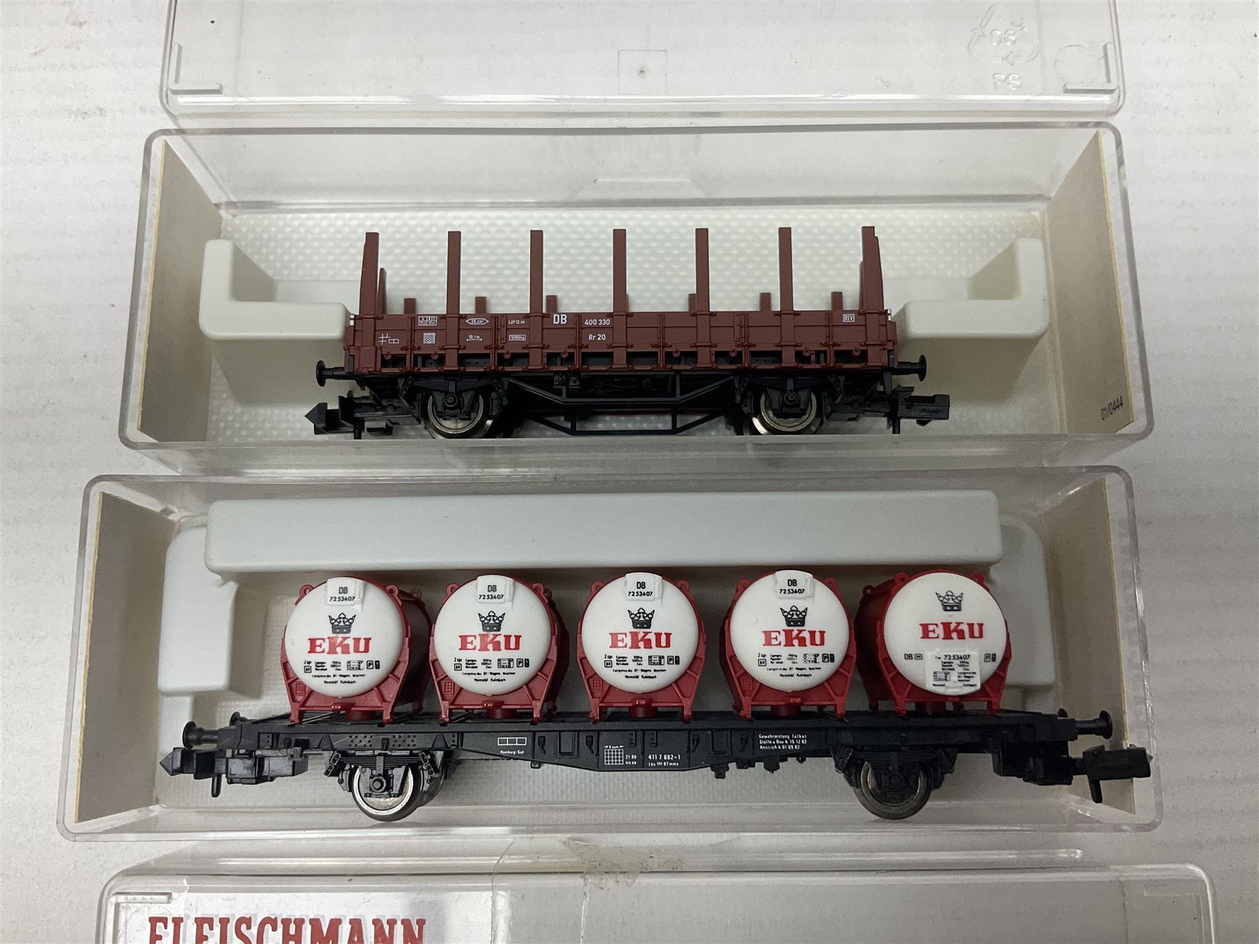Fleischmann 'N' gauge - thirteen goods wagons Nos.8202K, 8207, 8230, 8234, 8282, 8320, 8327K, 8330, 8343K, 8517K, 868523K, 852402K & 852403K; all boxed (13)