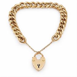Early 20th century gold curb link chain bracelet with heart padlock clasp, by  W.H. Wilmot Ltd, stamped 9ct
