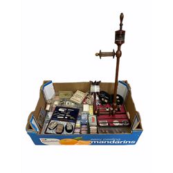 19th/ early 20th century turned beech wool winder with two reels and clamp, L62cm together with another winder, sewing kits, haberdashery etc in one box