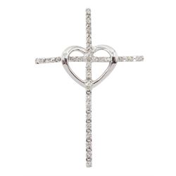9ct white gold diamond heart and cross pendant